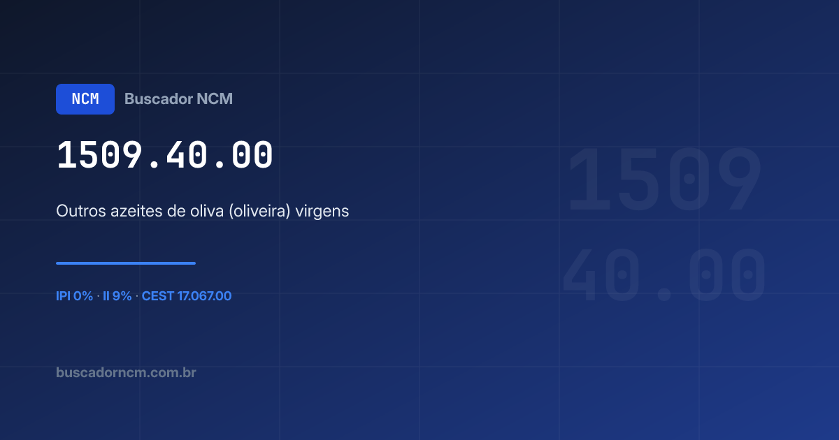 NCM 1509.40.00 — Outros azeites de oliva (oliveira) virgens · II 9%