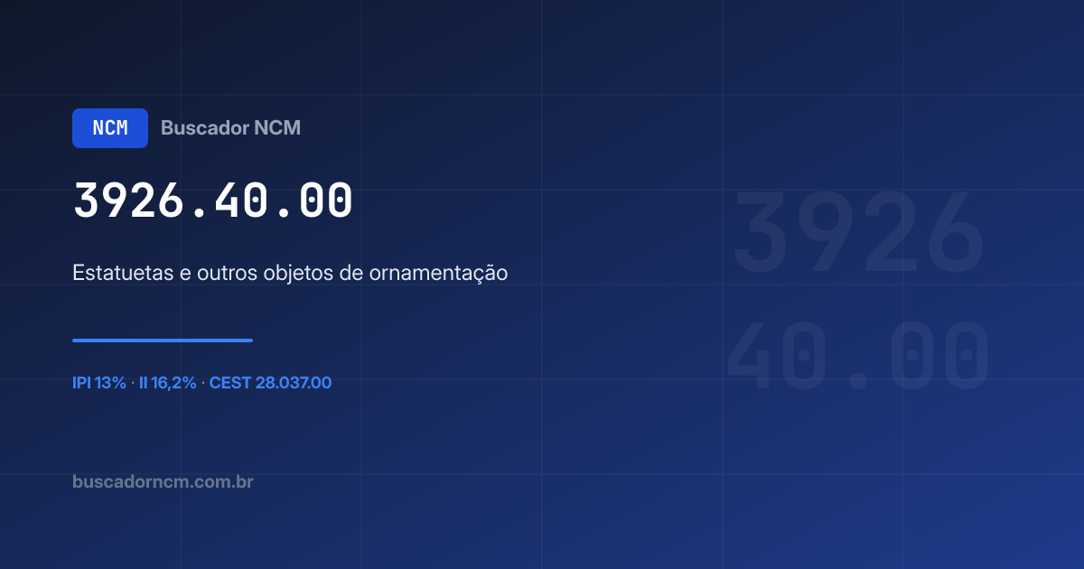 39264000 NCM 3926.40.00 — Estatuetas e outros objetos de o… · IPI 13%