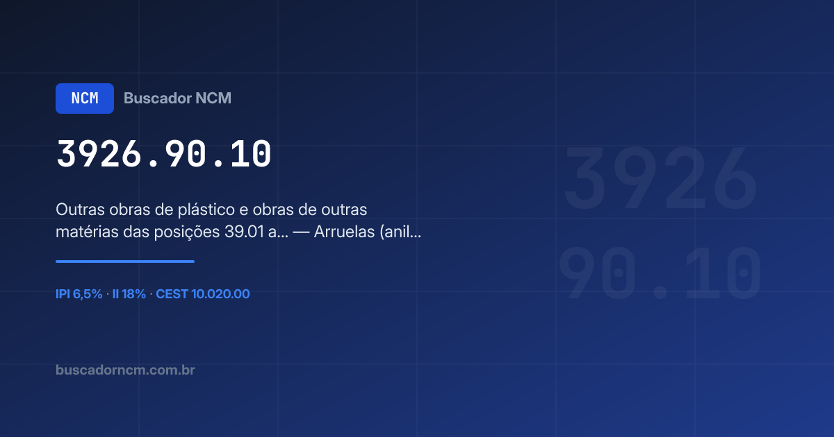NCM 3926.90.10 — Outras obras de plástico e obras… · IPI 6,5%