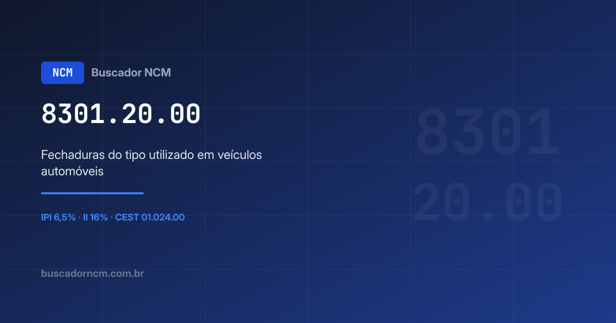 NCM 8301.20.00 — Fechaduras do tipo utilizado em… · IPI 6.5%